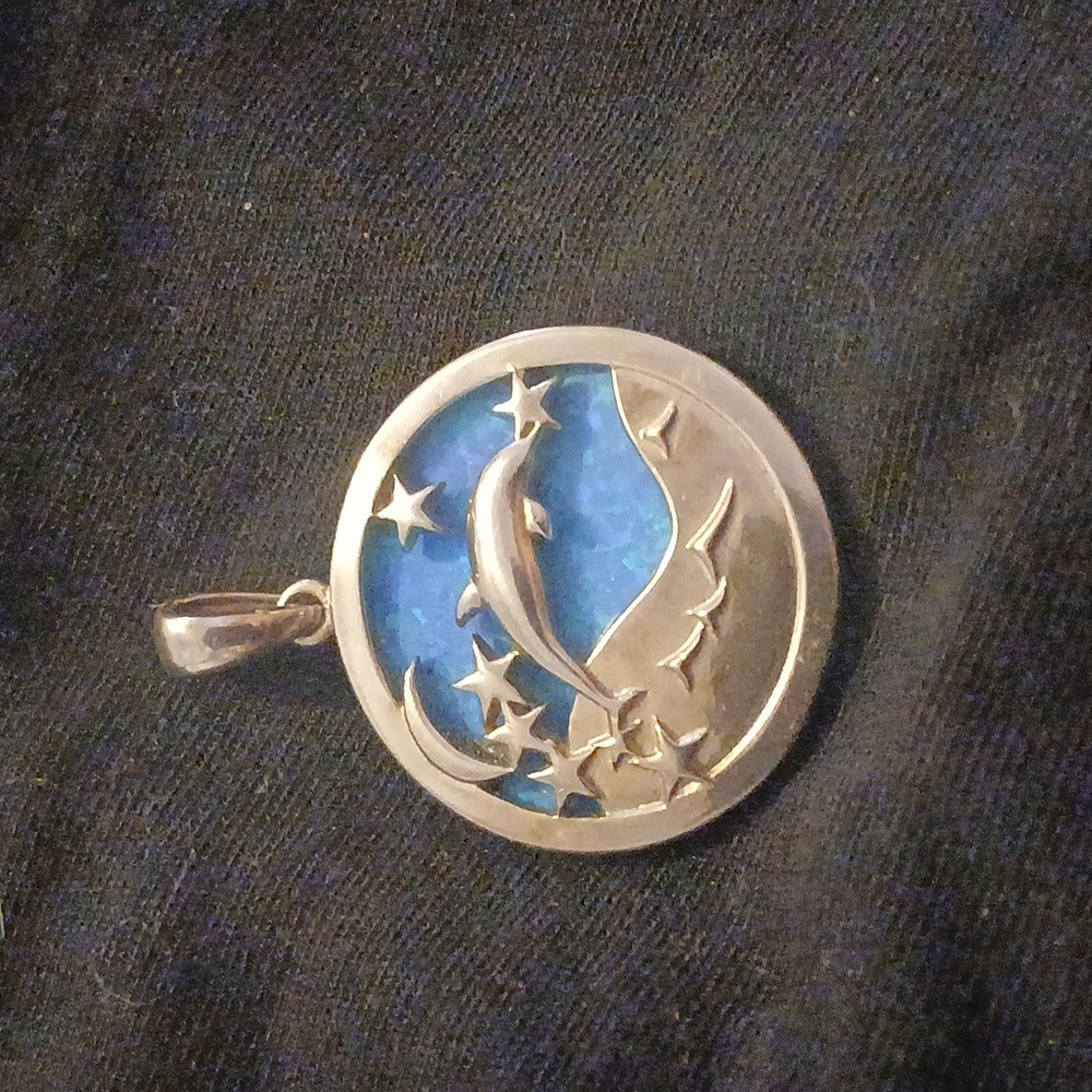 925 Sterling Silver Blue Inlay Created Opal Dolphin, Moon, and Stars